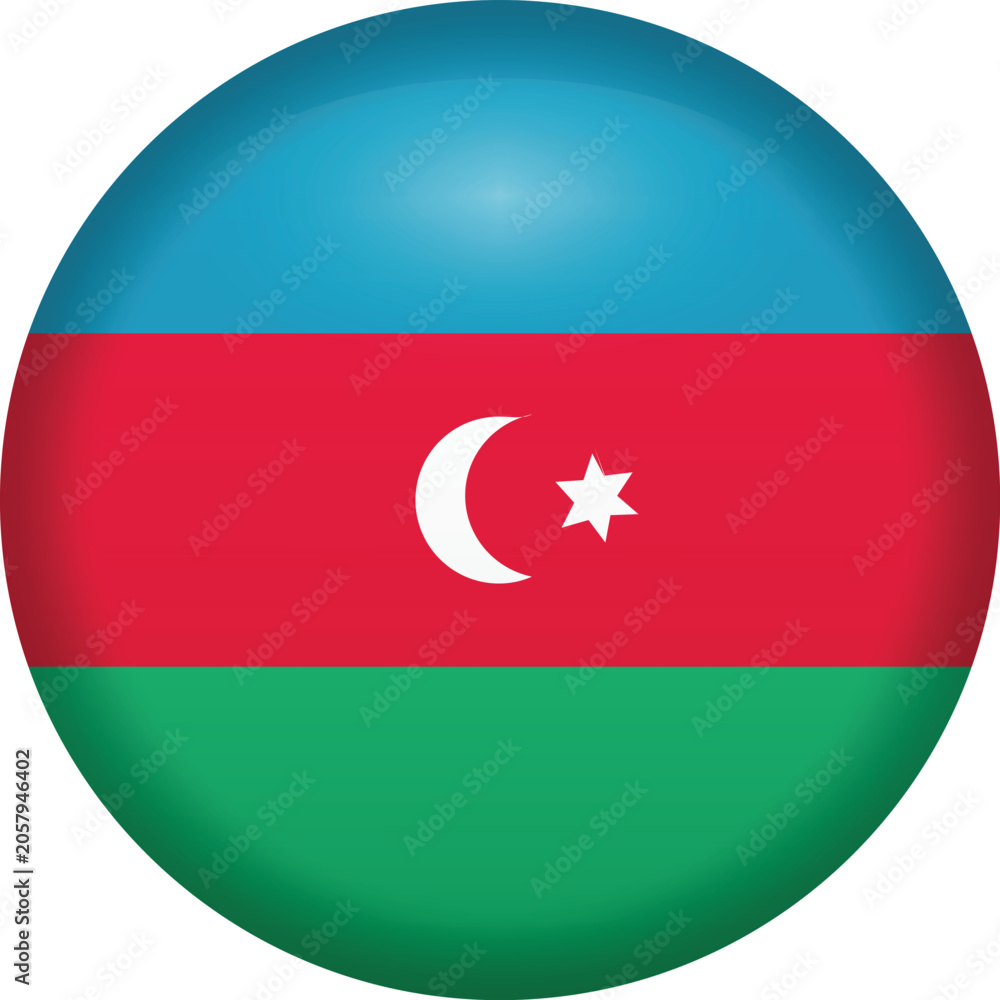 Fototapeta premium Azerbaijan Flag Circle Icon Vector, Round Glossy Button with National Colors Blue Red Green and Crescent Star Symbol Isolated
