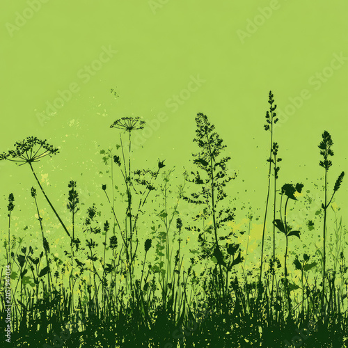 green grass silhouette with wild meadow plants and field herbs in nature-inspired illustration, ideal for eco designs, spring themes, farm scenes, and environmental concept art.