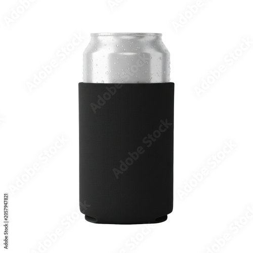 Pristine silver 12oz beverage can with condensation in a blank matte black neoprene koozie, isolated on seamless transparent background, subtle shadow. Commercial advertising mockup concept