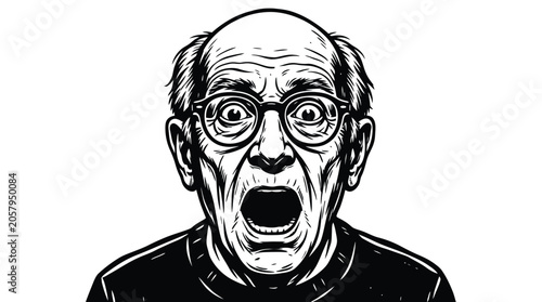 Photos Shocked old man wearing glasses with wide open mouth in a detailed black and whi