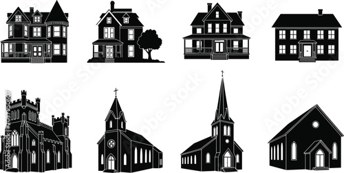 Quadro su tela Silhouette illustrations of houses and churches with Victorian, Colonial, and st
