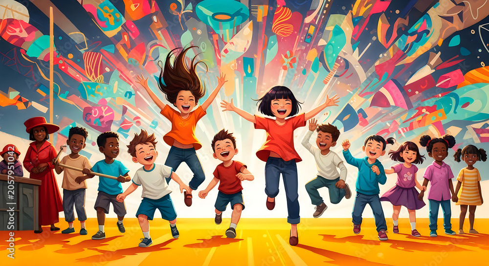 Naklejka premium Group of diverse children jumping joyfully in colorful street art background celebrating friendship day