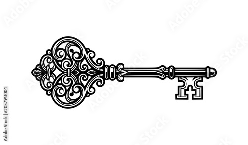 Retro Antique Key Logo Vector Design Template with Vintage Ornamental Icon