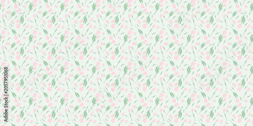 Seamless Floral Pattern with Pink Tulips, Vintage Cottagecore Aesthetic Background, Delicate Spring Flower Print for Textiles and Scrapbooking