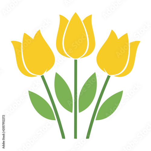 Yellow flat design flower with green leaves