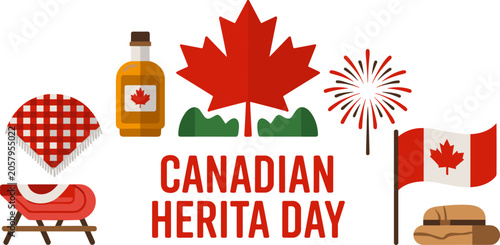 Fotografie Canadian heritage day illustration with maple leaf picnic blanket and national f