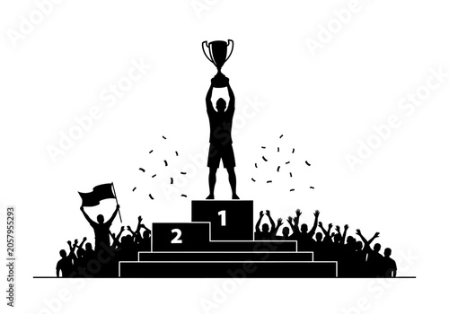 Obraz na plátně A triumphant athlete holds a trophy aloft on a podium during a Football Celebration with cheering fans