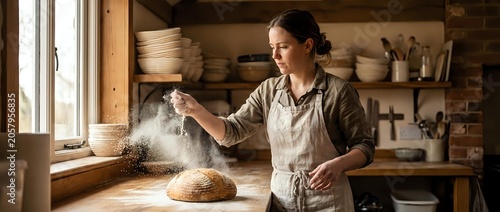Young woman dusting fresh bread with flour in rustic kitchen workshop, artisan baking and food preparation for bakery, culinary education or cooking content.