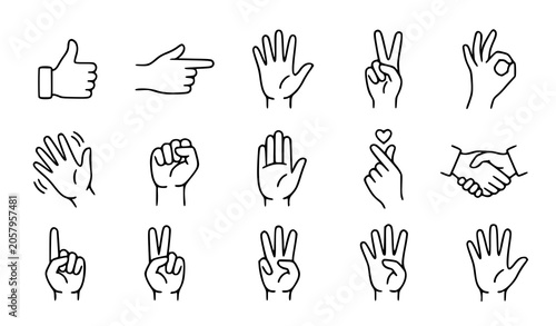 Vector Set of Hand Gestures Outline Illustration with Pointing Thumbs Up and Open Palm Icons