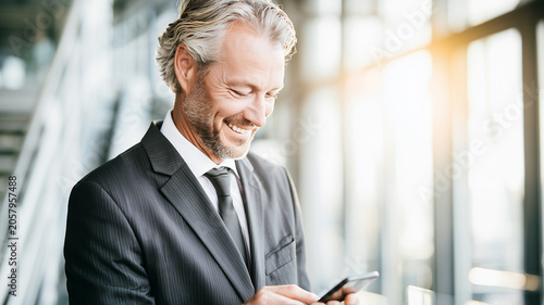 UOMO D'AFFARI MATURO SORRIDENTE CHE USA LO SMARTPHONE IN UN UFFICIO MODERNO E LUMINOSO 