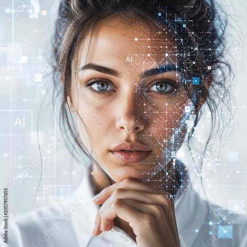 VOLTO FEMMINILE CON OVERLAY DIGITALE DI DATI E GRAFICI, BIO-TECNOLOGIA E RICONOSCIMENTO FACCIALE