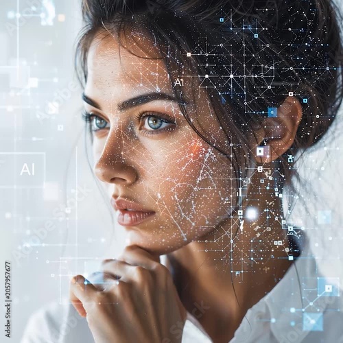 VOLTO FEMMINILE CON OVERLAY DIGITALE DI DATI E GRAFICI, BIO-TECNOLOGIA E RICONOSCIMENTO FACCIALE