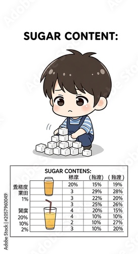 Child holding sugar content chart for soft drinks.