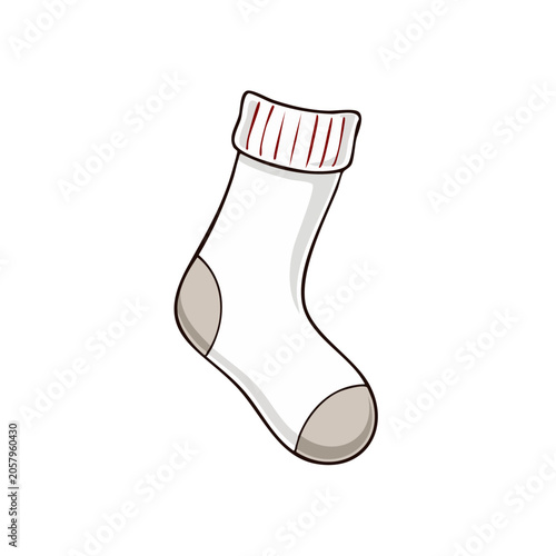 Cartoon illustration of a single white sock with red trim and grey heel and toe