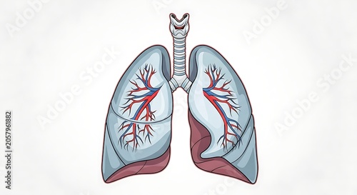 Illustration of human lungs with blood vessels and bronchial tree.