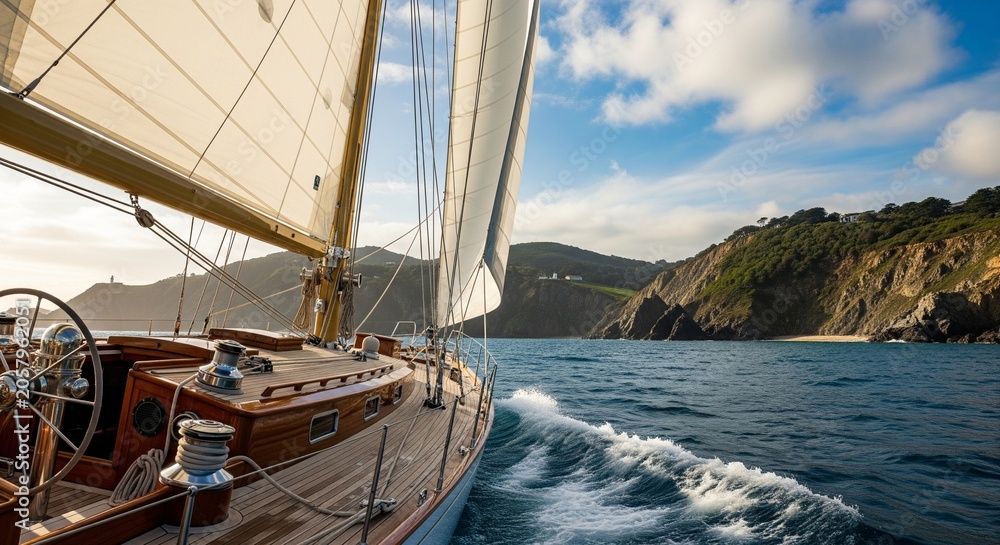 Obraz premium View from the wooden deck of a sailing yacht navigating moving waves next to a green hilly coast under a cloudy sky.