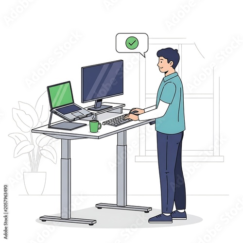 Business professional working at standing desk with dual monitors.