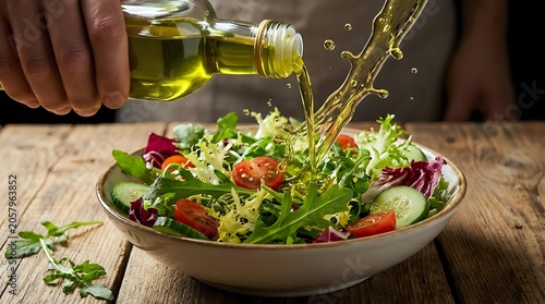 Olive oil being drizzled over fresh mixed green salad with tomatoes, cucumbers, and red leaves in white bowl on wooden table, healthy eating and food preparation concept.