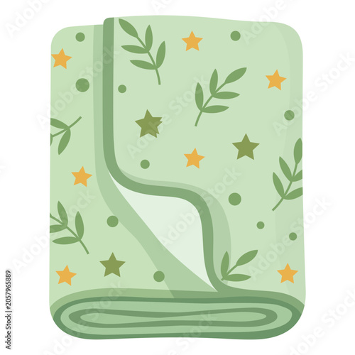 Soft Blanket With Green, Star, and Plant Patterns on a White Background