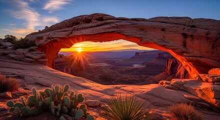 Crédence de cuisine Bordeaux Beautiful sunrise sunburst through a massive natural rock arch with wild cacti growing in the foreground, overlooking a vast canyon landscape at dawn  © Platon