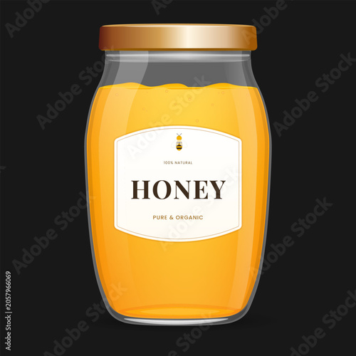 Premium honey jar on dark background with organic label
