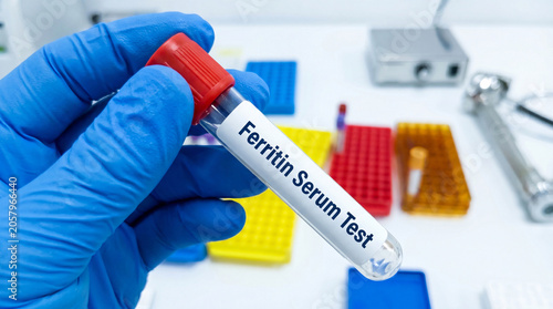 Medical professional in blue glove holds a test tube for a ferritin serum diagnosis in a lab