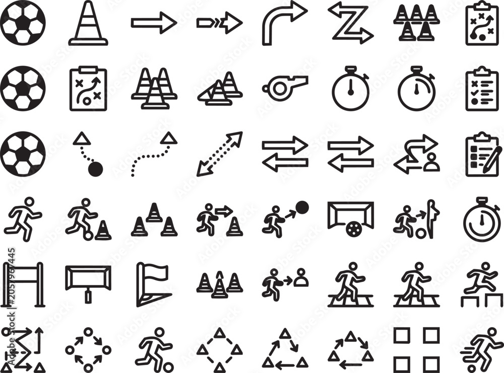 Naklejka premium Football Training Drill Icons Minimal Coaching Sports Vector Illustration Solid Color Set Design