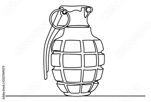 Fotografi Military hand grenade explosive weapon, one continuous line art vector, army com