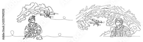 Fényképezés Soldiers operating tactical drones in forest, one continuous line art vector, in