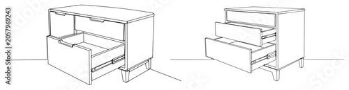 Foto Modern nightstand and chest of drawers with open drawers set, one continuous lin