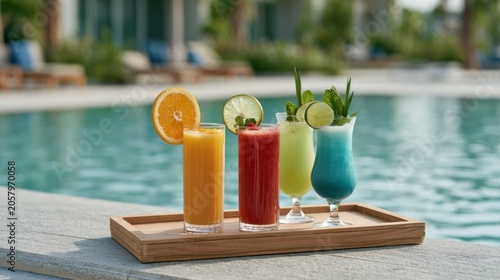 Colorful summer cocktails on a wooden tray beside a swimming pool, featuring orange, red, green, and blue drinks garnished with fruit and mint leaves