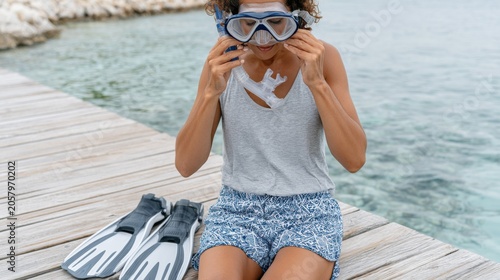 Female snorkeler preparing to dive, wearing a mask and fins, seated on a wooden dock by the clear water, with rocky shoreline visible in the background