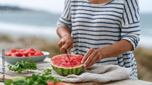 Woman slicing watermelon at a beachside table with a bowl of watermelon pieces and fresh herbs, enjoying summer vacation outdoors by the ocean