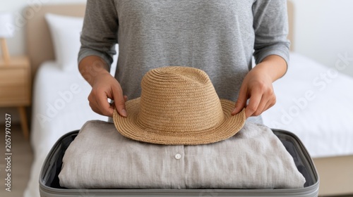 Woman packing a straw hat on top of neatly folded clothing inside a suitcase in a bright bedroom with a bed and bedside table visible in the background