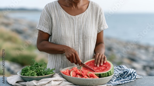 African woman in casual clothing slices watermelon on a table by the seaside, with fresh greens and a striped cloth nearby, showcasing summer food preparation