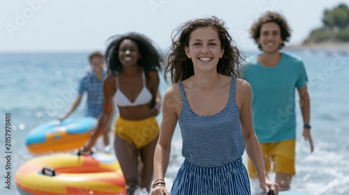 Group of young adults enjoying summer vacation at the beach, carrying colorful inflatable rafts while walking through shallow water towards the shore