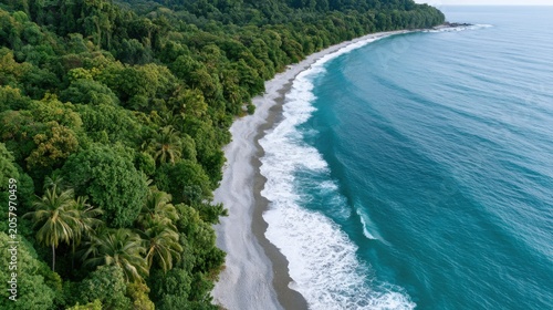 Aerial view of a tropical beach with white sand and turquoise waves, surrounded by lush green vegetation and palm trees under a clear blue sky