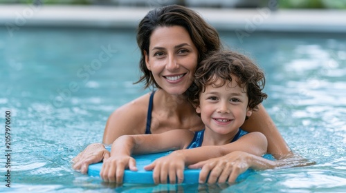 Woman and child enjoying summer vacation in swimming pool, both smiling while holding a blue inflatable ring, surrounded by clear water and a sunny outdoor setting