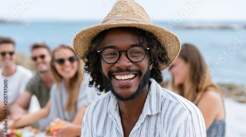 Smiling African American man wearing straw hat and glasses poses for a photo with friends at a beach picnic, ocean and rocks visible in the background