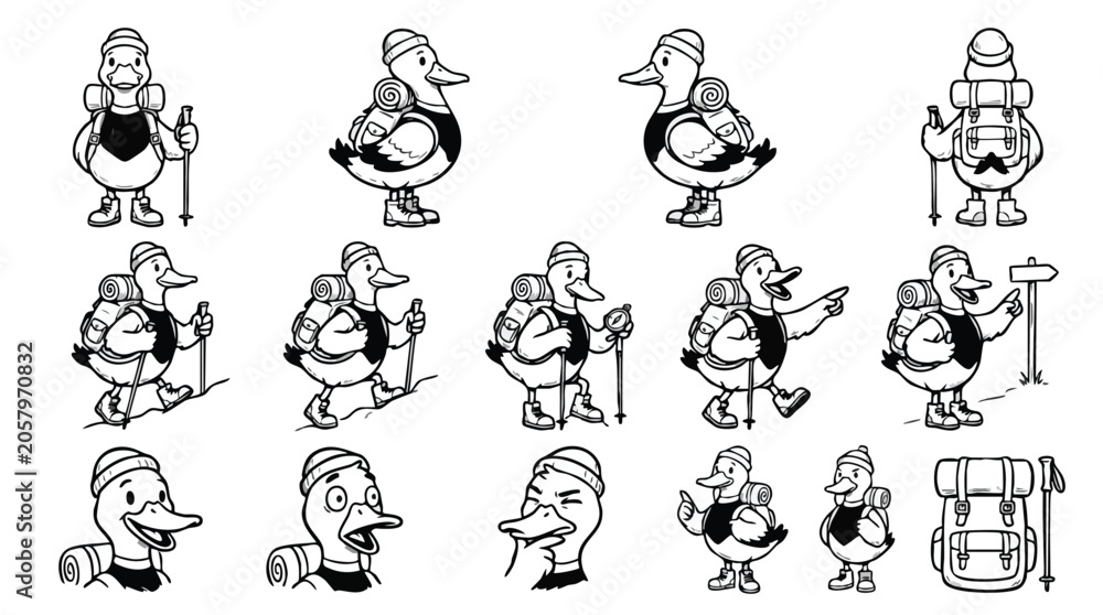 Fototapeta premium Cute Hiker Duck Character Vector Illustration Set
