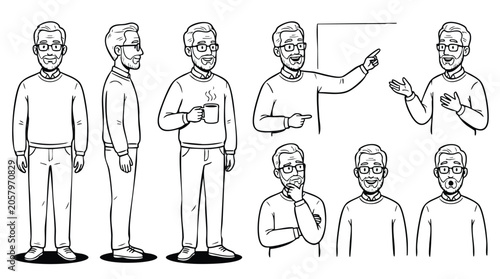 Senior Man Character Design Poses and Expressions Vector Line Art