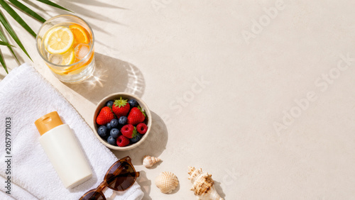 Summer wellness flat lay with citrus water, berries, sunscreen, towel and copy space