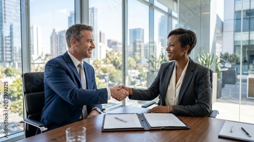 A Black woman and a Caucasian man shake hands in a modern office, symbolizing successful business collaboration.