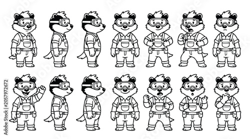 Badger Worker Character Sheet Black and White Vector Illustrations