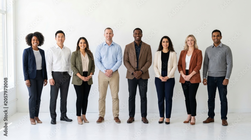 Obraz premium Diverse group of professionals in business attire posing together for a team photo in a bright, modern office setting.