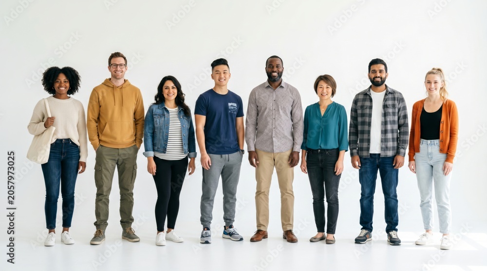 Obraz premium A diverse group of adults standing together in a bright studio, showcasing a mix of styles and expressions.