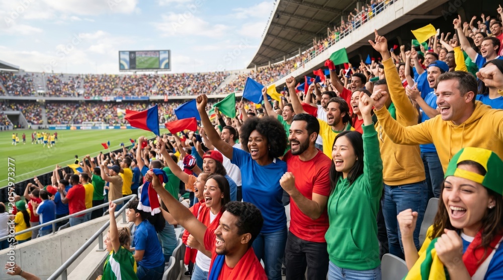 Naklejka premium A vibrant crowd of diverse fans passionately cheering in a stadium during a soccer match.