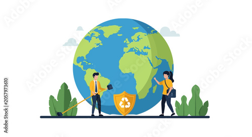 Foto People Protecting Planet Earth, Recycling Symbol Shield, Environmental Conservat