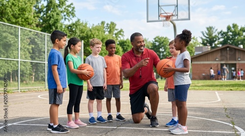 A Black male coach instructs a diverse group of children on a basketball court, fostering teamwork and skills development.