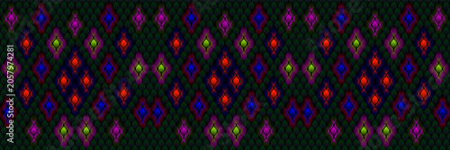 Seamless stained glass mosaic pattern with colorful glowing gems on dark gothic black scaly background